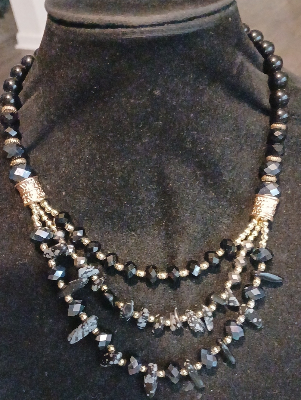 Elegant Black Beaded And Glass Statement Necklace